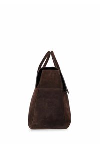 Bruine leren tote bag met dubbele handvatten, hoekige vorm en contrasterende stiksels. Gladde textuur met een minimalistisch ontwerp.