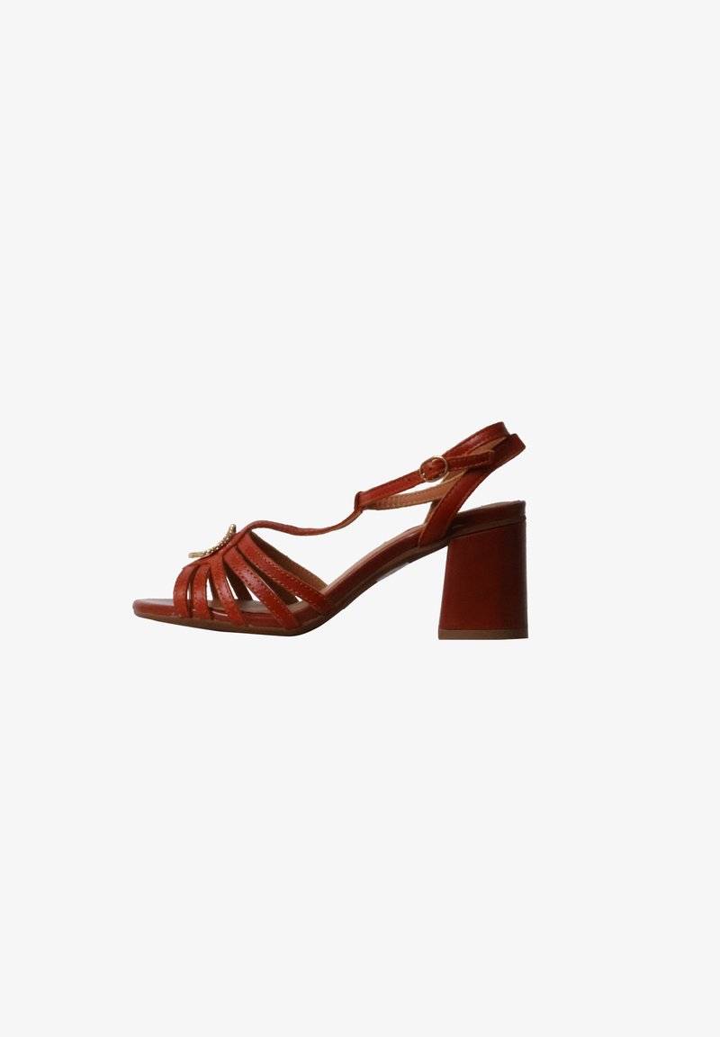 Sandale en cuir marron à bout ouvert, bride en T, boucle dorée et talon bloc.