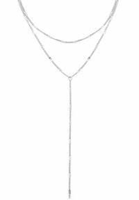Collier en argent à plusieurs couches avec de fines chaînes, présentant un design en forme de Y. La texture est lisse, avec des maillons alternés et un détail de chaîne pendante.