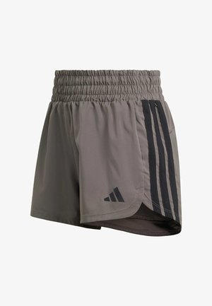 Gray athletic shorts with a wide elastic waistband. Features black side stripes and a small black logo near the hem. Lightweight, smooth fabric.