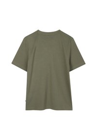 T-shirt a maniche corte di colore verde oliva realizzato in morbido tessuto di cotone. Presenta un classico scollo rotondo e una vestibilità comoda senza ulteriori dettagli.
