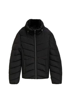 Chaqueta acolchada negra con cuello alto, patrón de rombos, cremallera frontal y forro suave. Tejido texturizado para calidez y comodidad.