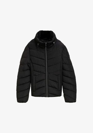 Black puffer jacket featuring a high collar, chevron quilted pattern, front zipper, and soft lining. Textured fabric for warmth and comfort.