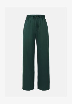 Housut, joissa on leveät lahkeet tumman vihreänä, valmistettu sileästä kankaasta. Varustettu joustavyötäröllä, jossa on nyöri ja yksi nappiviritys.