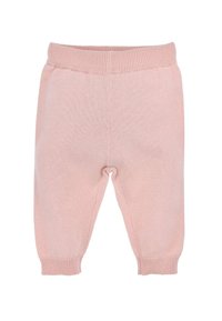Pantaloni per neonati di colore rosa chiaro, lavorati a maglia, con vita elasticizzata e polsini a coste. Texture morbida, design semplice, senza motivi o hardware visibile.