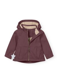 Veste imperméable bordeaux avec une doublure intérieure beige, fermeture éclair à l'avant, capuche et taille froncée. Présente une étiquette en forme d'étoile sur la manche.