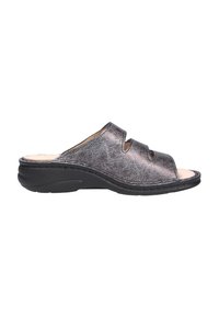 Metallic gray slide sandal with two cutout sections, cushioned footbed, and a black rubber sole, featuring a smooth texture and rounded edges.