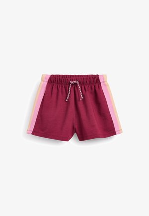 Shorts de sport bordeaux avec ceinture élastique, cordon de serrage, et rayures verticales roses et pêche sur les côtés sur fond blanc.
