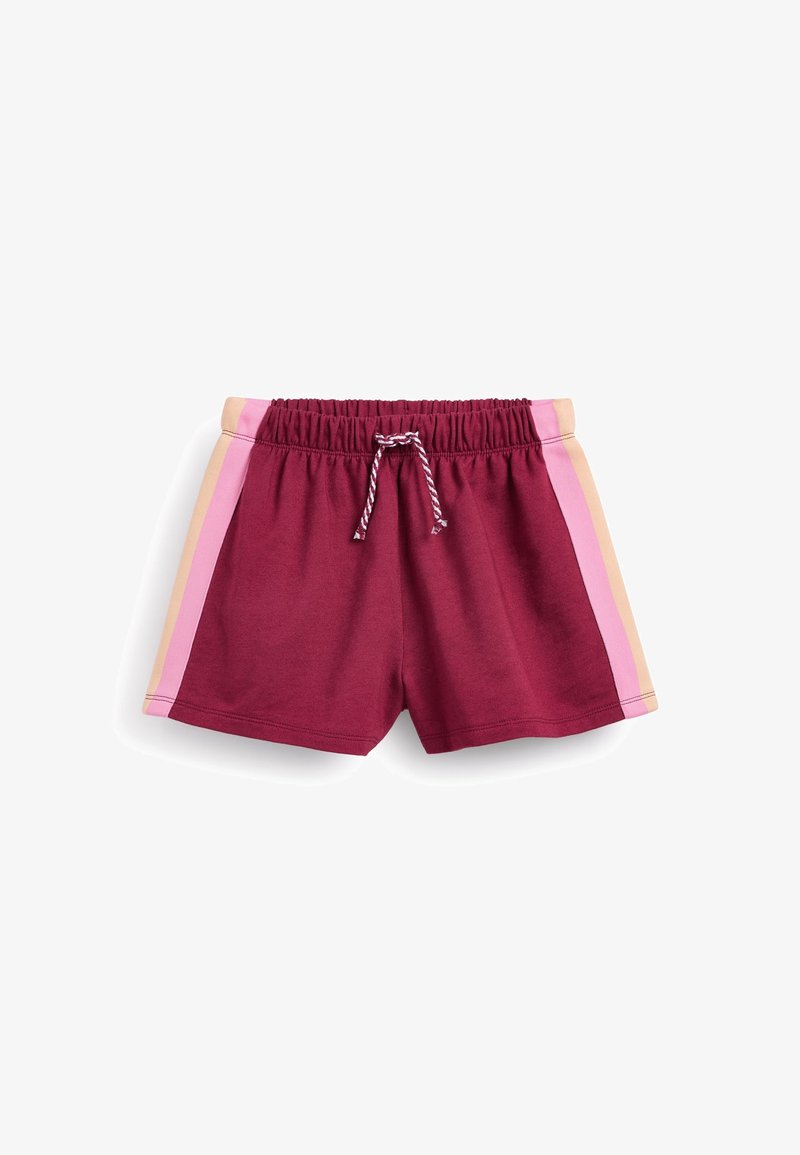 Shorts de sport bordeaux avec ceinture élastique, cordon de serrage, et rayures verticales roses et pêche sur les côtés sur fond blanc.