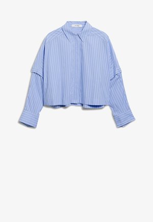 Light blue cropped button-up shirt with white vertical stripes, pointed collar, and wide sleeves. Soft fabric with a smooth texture.