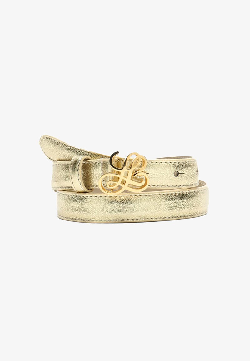 Gold metallic leather belt with a decorative gold 'L' buckle, featuring a smooth texture and adjustable strap with a single loop.