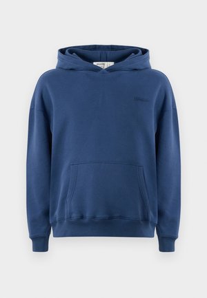 Navy blue hoodie made of cotton-blend fabric. Features a front kangaroo pocket, ribbed cuffs, and a drawstring hood. Subtle logo detail.