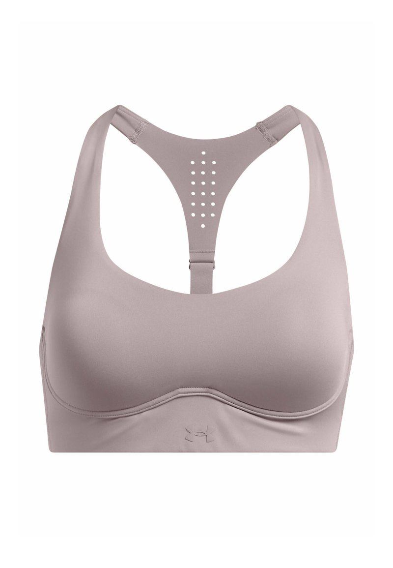 Hellblaue Sport-BH aus glattem, dehnbarem Material. Das Racerback-Design verfügt über kleine Löcher zur Belüftung. Unterarm-Logodetail sichtbar.