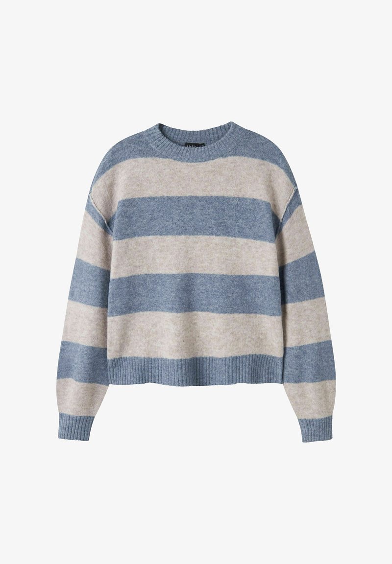 Pull en maille à manches longues avec larges rayures horizontales gris clair et bleu, poignets, ourlet et encolure ronde en côtes.