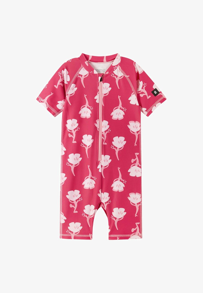 Kurzärmliger pinker Body mit weißem Blumenmuster, Frontreißverschluss und schwarzem Logoetikett am Ärmel. Hergestellt aus flexiblem, schnell trocknendem Material.