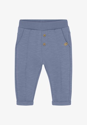 Blauwe katoenen broek in een katoenmix met een zachte textuur, voorzien van een elastische tailleband, twee voorzakken en drie knoopaccenten nabij de taille.