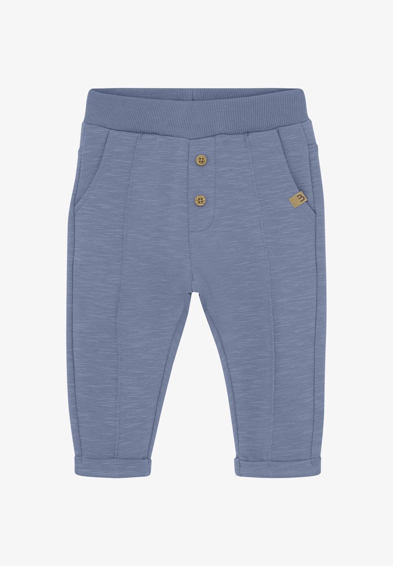 Blaue Baumwollmischungshosen mit weicher Textur, versehen mit einem elastischen Bund, zwei Vordertaschen und drei Knopfakzenten in der Nähe des Bundes.