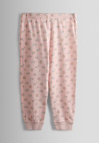Pantaloni de trening roz deschis cu talie elastică și manșete strânse, având un imprimeu floral în nuanțe de albastru și roz, confecționați dintr-un material moale și respirabil.