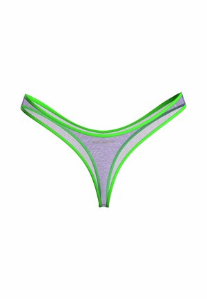 Purple mesh thong underwear with neon green trim, displayed flat on a white background centered in the frame.