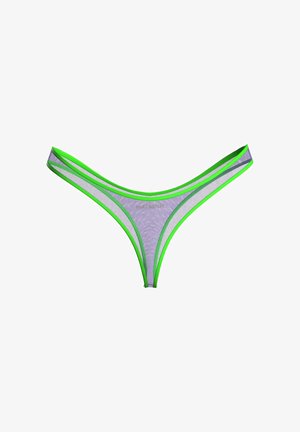 Lila Netzstring-Unterwäsche mit neongrünem Besatz, flach auf weißem Hintergrund mittig im Bild platziert.