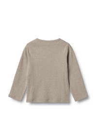 Béžové pletené tričko s dlouhými rukávy a kulatým výstřihem, zobrazené zezadu na bílém pozadí.