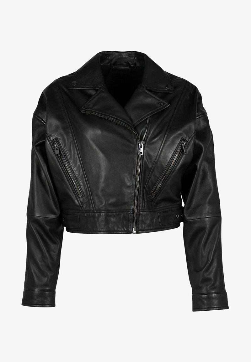 Geknipte zwarte leren jas met een diagonale rits, drie met rits gesloten voorkantages, brede revers en een gladde textuur.