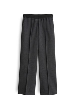 Pantaloni a gamba larga grigi con tessuto texturizzato, dotati di pieghe frontali e una cintura elastica per il massimo comfort.