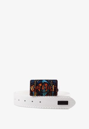 White woven belt with perforations, featuring a distinctive square buckle decorated with a colorful skull design and text.