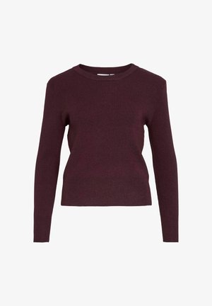 Burgundijska rebrasta pletena majica s dugim rukavima i okruglim izrezom. Ima uski struk i mekanu teksturu. Klasičan dizajn.
