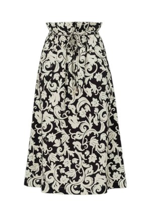 Gonna midi a fantasia floreale bianca e nera con vita elasticizzata arricciata e laccio frontale.