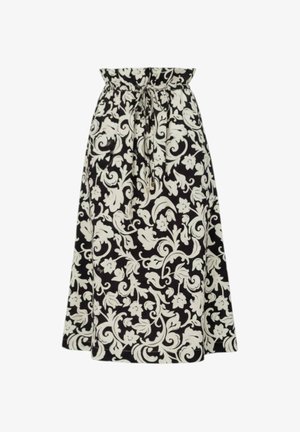 Gonna midi a fantasia floreale bianca e nera con vita elasticizzata arricciata e laccio frontale.