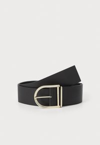 Black leather belt with a gold-tone, circular buckle. Smooth texture, uniform width, and a sleek design. No embellishments or patterns.