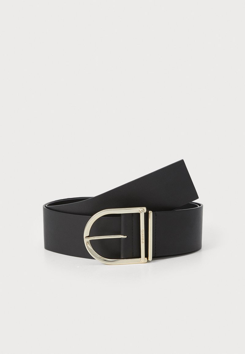 Black leather belt with a gold-tone, circular buckle. Smooth texture, uniform width, and a sleek design. No embellishments or patterns.