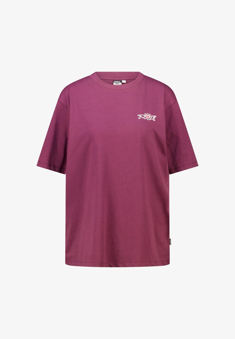 T-shirt surdimensionné à manches courtes en coton bordeaux, avec un petit motif graphique blanc sur la poitrine gauche et un col rond.