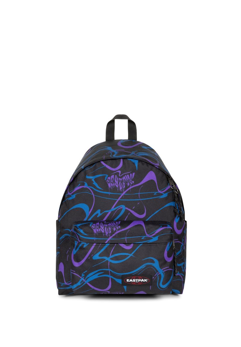 Zaino nero con motivi blu e viola a spirale. Presenta un manico superiore, spallacci regolabili e una tasca frontale con zip e logo.