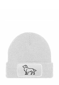 Gray knitted beanie with a folded cuff and a rectangular patch featuring a black dog silhouette. Material appears soft and textured.