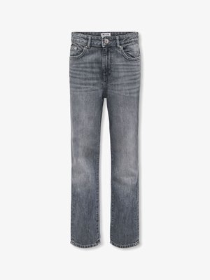 Jean gris pour hommes à jambes droites avec design classique à cinq poches, fermeture par bouton, et léger effet délavé sur les cuisses et les genoux.