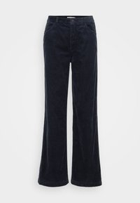 Tmavě námořnické manšestrové kalhoty s širokými nohavicemi a vertikálními proužky, s předními kapsami, zapínáním na knoflík a rovním lemem.