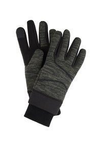Textured gloves in dark gray, featuring a black accent on the cuffs and fingertips. Stretchy fabric for warmth and comfort.