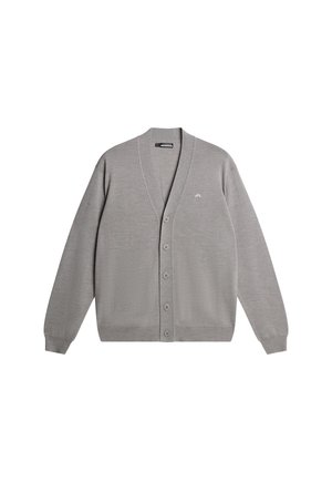 Grauer Cardigan mit V-Ausschnitt, Knopfverschluss und gerippten Bündchen. Mit einem dezenten Logo auf der linken Brust. Hergestellt aus weichem, strukturiertem Stoff.