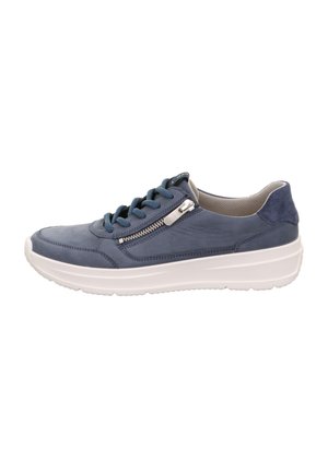 Blauer Leder-Sneaker mit einer weißen Gummisohle, ausgestattet mit einer strukturierten Oberfläche, runder Zehenpartie und einem Reißverschlussakzent an der Seite.