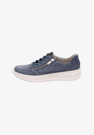 Blue leather sneaker with a white rubber sole, featuring a textured finish, round toe, and a zipper accent on the side.