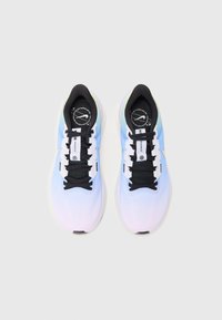Athletic shoes featuring a multi-toned light blue and white mesh upper, black laces, and a cushioned white sole. Black tongue with logo detail.