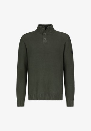 Dunkelgrüner gestrickter Pullover mit gerippten Bündchen und Saum, einem gerippten Stehkragen und drei Knöpfen am Ausschnitt.