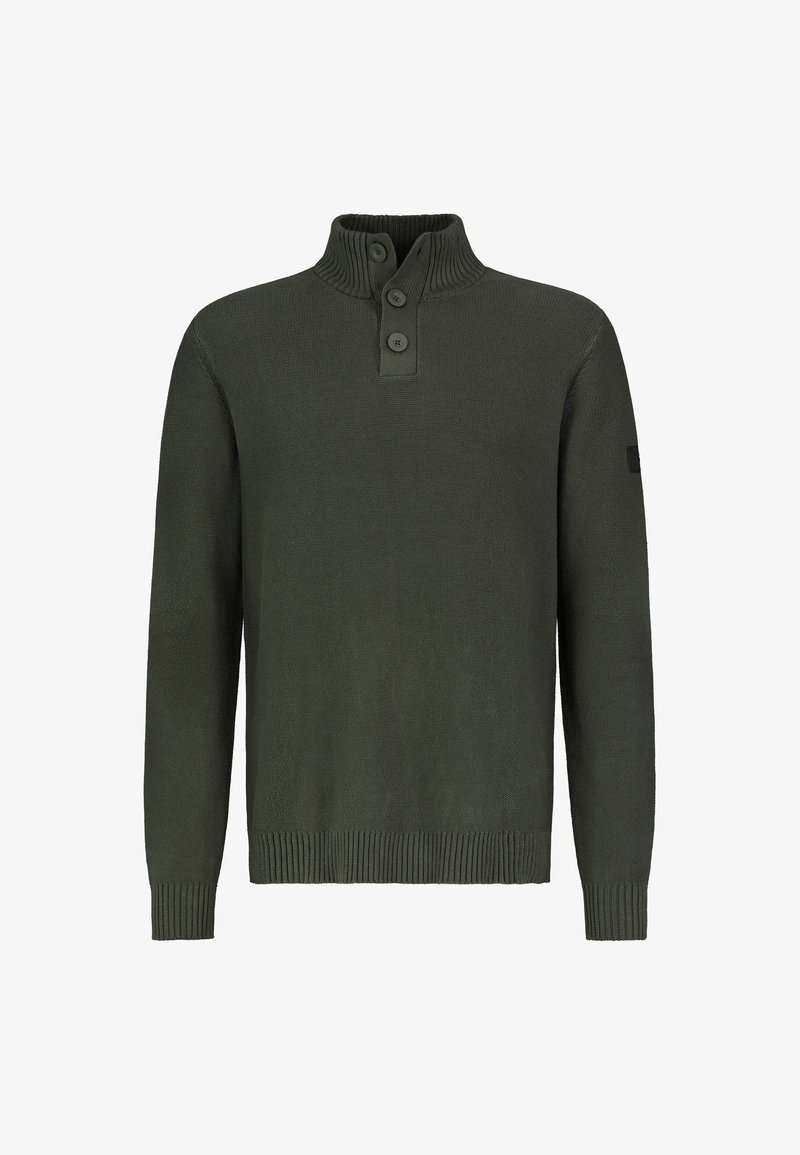 Dunkelgrüner gestrickter Pullover mit gerippten Bündchen und Saum, einem gerippten Stehkragen und drei Knöpfen am Ausschnitt.