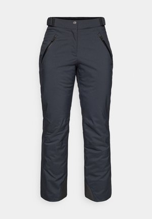 Pantaloni da sci grigio scuro in materiale idrorepellente, dotati di due tasche laterali con zip e dettagli neri ai polsini. Design strutturato.