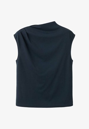Top fără mâneci, bleumarin închis, cu guler înalt și design asimetric al umărului. Țesătură moale, cu textură netedă.