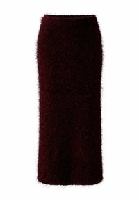 Jupe bordeaux, tricotée, de longueur mi-longue avec une texture pelucheuse et une coupe ajustée. Présente une silhouette droite et un design minimaliste.