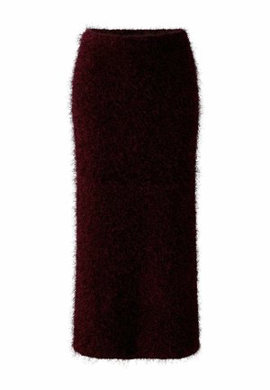Bordeaux, gebreide, middellange rok met een fuzzy textuur en een getailleerd ontwerp. Heeft een rechte silhouette en minimale details.