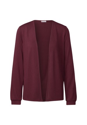 Cardigan bordeaux à manches longues avec une ouverture frontale, en tissu doux et à bords côtelés. Conception simple sans boutons ni fermetures éclair.